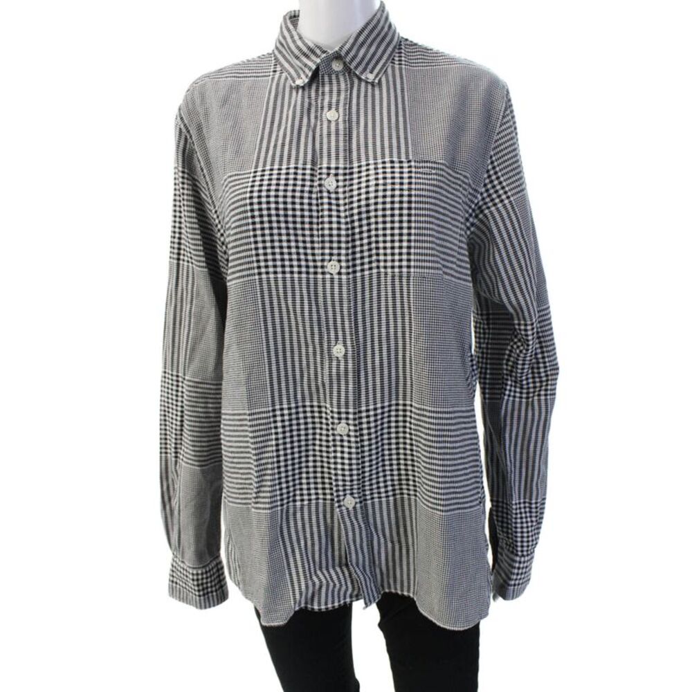 Designer Unisex Black Check Cotton Collared Button-Up Long Sleeve Size M